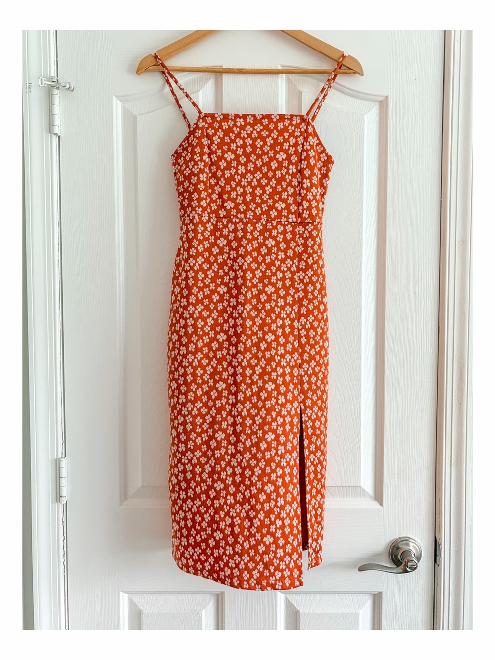 Zara Orange Floral Midi Dress Side Slit Strappy Summer Dress Size Small
